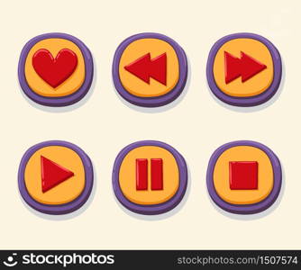 Hand drawn 3d web buttons for the player. Like, rewind, play, pause, stop. internet button set color vector illustration. Hand drawn 3d web buttons for the player. Like, rewind, play, pause, stop. internet button set color