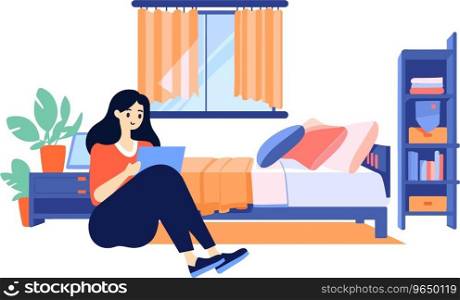 Hand Drawn A female character is reading a book in the bedroom in flat style isolated on background
