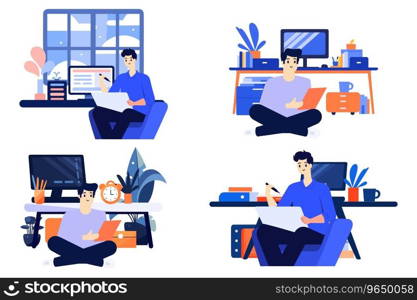 Hand Drawn A male character is sitting and reading a book in his office in flat style isolated on background