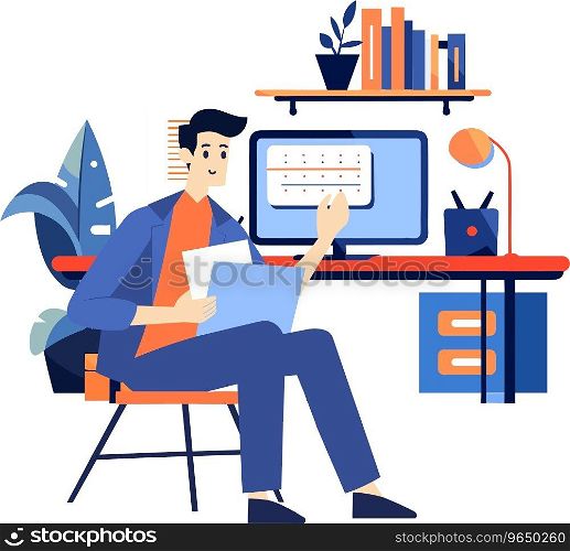 Hand Drawn A male character is sitting and reading a book in his office in flat style isolated on background