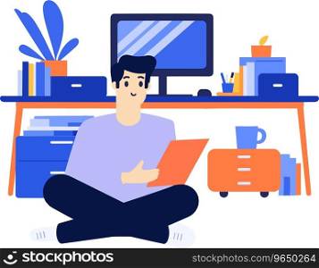 Hand Drawn A male character is sitting and reading a book in his office in flat style isolated on background