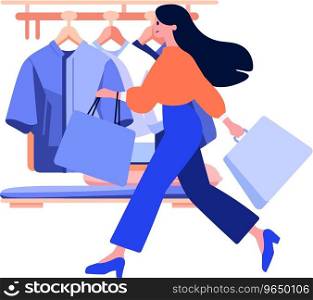 Hand Drawn A woman with shopping bags walks past a storefront in flat style isolated on background