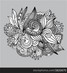 Hand drawn abstract doodle card design. Black and white floral background. Vector illustration for design of gift packs, wrap, greeting cards, wallpaper, web sites and other.