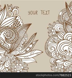 Hand drawn abstract doodle card design.Brown and beige floral background. Vector illustration for design of gift packs, wrap, greeting cards, wallpaper, web sites and other.
