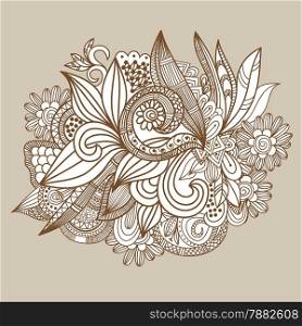 Hand drawn abstract doodle card design.Brown and beige floral background. Vector illustration for design of gift packs, wrap, greeting cards, wallpaper, web sites and other.