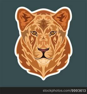 Hand drawn abstract portrait of a lioness. Sticker. Vector stylized colorful illustration isolated on dark background.