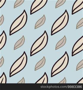 Hand drawn abstract seamless nature pattern in blue and beige tones with simple doodle leaf shapes print. Designed for fabric design, textile print, wrapping, cover. Vector illustration.. Hand drawn abstract seamless nature pattern in blue and beige tones with simple doodle leaf shapes print.