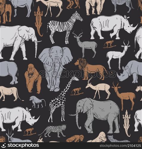 Hand drawn african animals and birds on black background. Vector seamless pattern.. Vector pattern with african animals.
