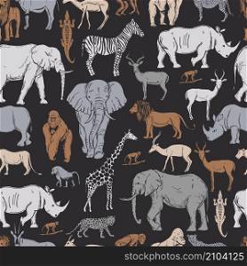 Hand drawn african animals and birds on black background. Vector seamless pattern.. Vector pattern with african animals.