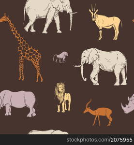 Hand drawn african animals and birds on brown background. Vector seamless pattern.. Vector pattern with african animals.
