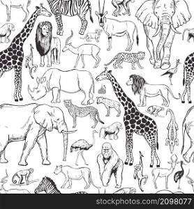 Hand drawn african animals and birds on white background. Vector seamless pattern.. Vector pattern with african animals.