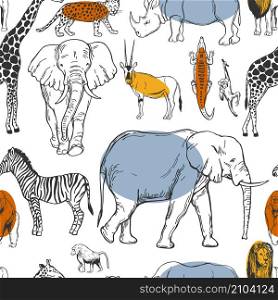 Hand drawn african animals and birds on white background. Vector seamless pattern.. Vector pattern with african animals.