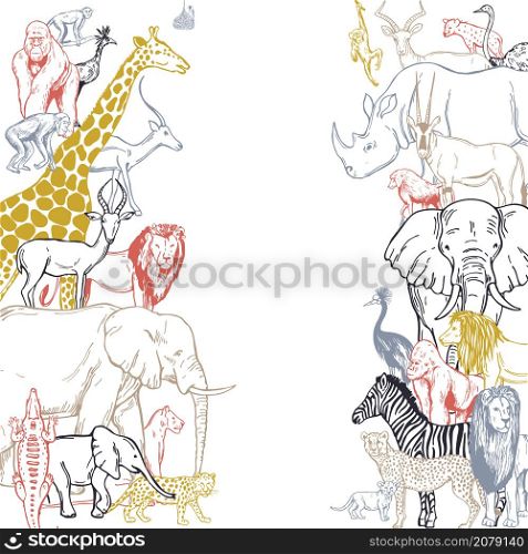 Hand drawn african animals and birds . Vector background.