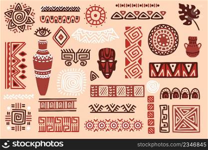 Hand drawn african elements, tribal shapes and textile ornaments. Traditional ritual masks, vases, ethnic circles and borders vector set. Mystic symbols and dividers, folk shapes isolated. Hand drawn african elements, tribal shapes and textile ornaments. Traditional ritual masks, vases, ethnic circles and borders vector set