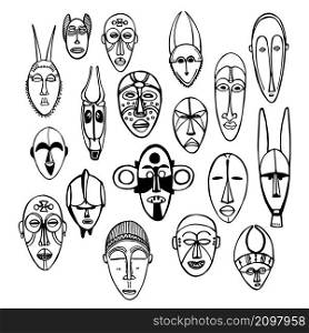 Hand drawn african masks on white background. Vector sketch illustration.