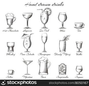 Hand drawn alcoholic and non-alcoholic drinks. Hand drawn drinks. Vector sketch of alcoholic and non-alcoholic beverages