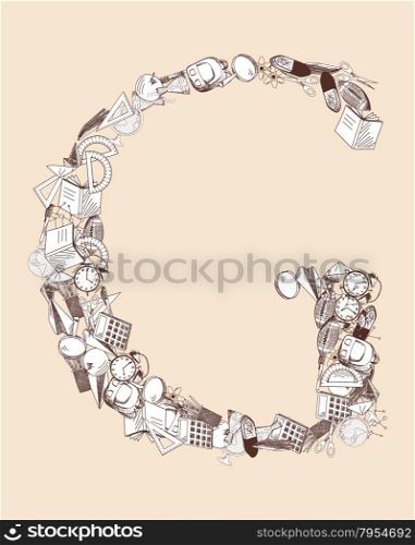 Hand drawn alphabet letter with education theme. EPS 10 vector illustration.