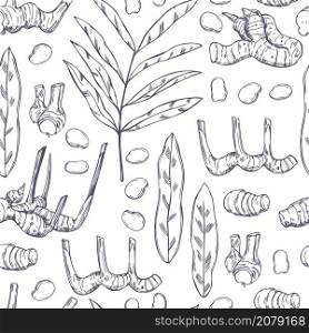 Hand drawn Alpinia galanga. Galangal, root, leaves. Vector seamless pattern