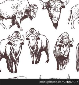 Hand-drawn American bison. Vector seamless pattern.. Vector pattern with American bison.
