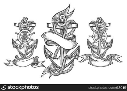 Hand Drawn Anchor Set. Three anchors with ribbons in tattoo style. Vector illustration.