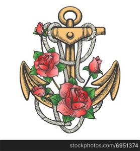 Hand drawn anchor with ropes and roses drawm in tattoo style. Vector illustration.