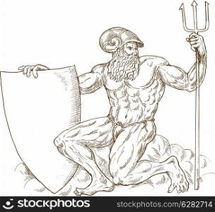 hand drawn and sketch illustration of Roman God Neptune or poseidon with trident and shield isolated on white&#xA;