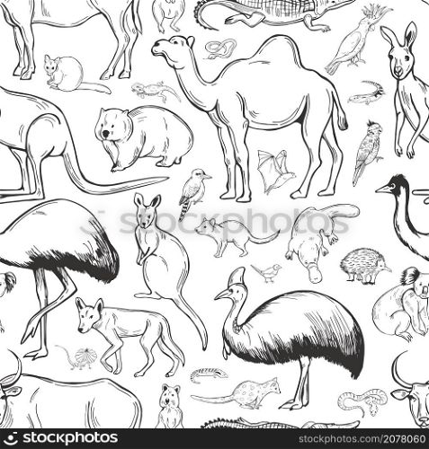 Hand drawn animals and birds of Australia. Vector seamless pattern.. Animals and birds of Australia.