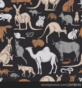 Hand drawn animals of Australia. Vector seamless pattern.. Animals of Australia. Vector pattern.