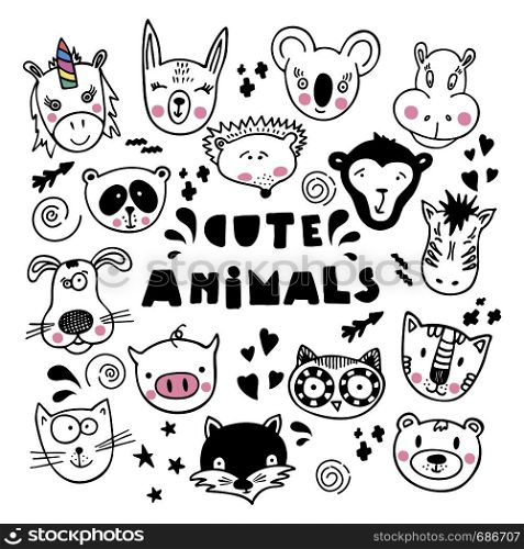 Hand drawn animals, simple design. Set of cute doodle. Can be used for school books and drawing poster, T-shirt Print and cartoon character.
