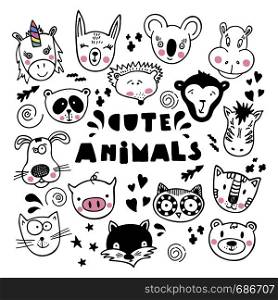 Hand drawn animals, simple design. Set of cute doodle. Can be used for school books and drawing poster, T-shirt Print and cartoon character.