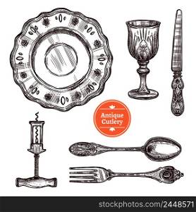 Hand drawn antique silver cutlery set with vintage spoon fork plate glass and knife isolated vector illustration. Antique Cutlery Set