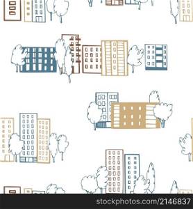 Hand drawn apartment houses and trees. Vector seamless pattern.. Vector pattern with apartment houses.