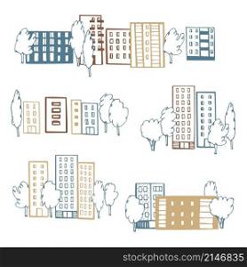 Hand drawn apartment houses and trees. Vector sketch illustration.. Hand drawn apartment houses and trees.
