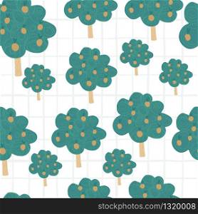 Hand drawn apple fruit trees seamless pattern on white background. Doodle fruits tree wallpaper. Design for fabric, textile print, wrapping paper, kitchen textile, cover. Vector illustration. Hand drawn apple fruit trees seamless pattern on white background.