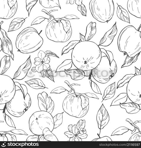 Hand drawn apples. Fruits and flowers. Vector seamless pattern