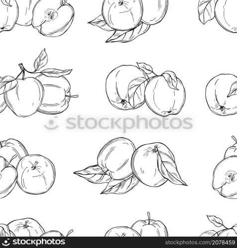 Hand drawn apples. Fruits on white background. Vector seamless pattern. . Apples on white background. Vector pattern.