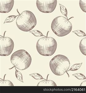 Hand drawn apples seamless pattern. Apple fruit wallpaper. Engraving vintage style backdrop. Design for wrapping paper, textile print. Vector illustration. Hand drawn apples seamless pattern. Apple fruit wallpaper.