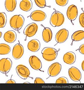 Hand drawn apricots on white background. Vector seamless pattern.. Vector seamless pattern with fruits.