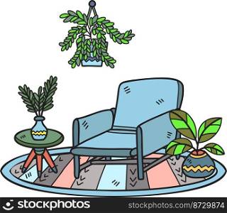 Hand Drawn armchair with hanging plant and side table on rug interior room illustration isolated on background