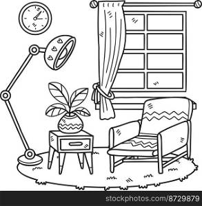Hand Drawn Armchair with plants and l&on carpet interior room illustration isolated on background