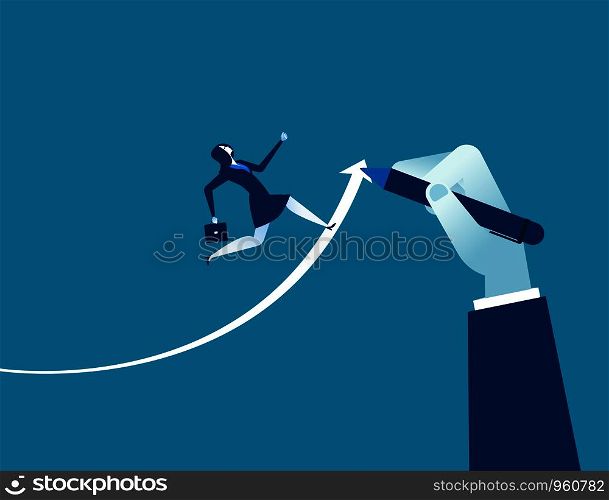 Hand drawn arrow, Helps businesswoman executives to success. Concept business success illustration. Vector cartoon character and abstract