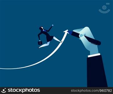 Hand drawn arrow, Helps businesswoman executives to success. Concept business success illustration. Vector cartoon character and abstract