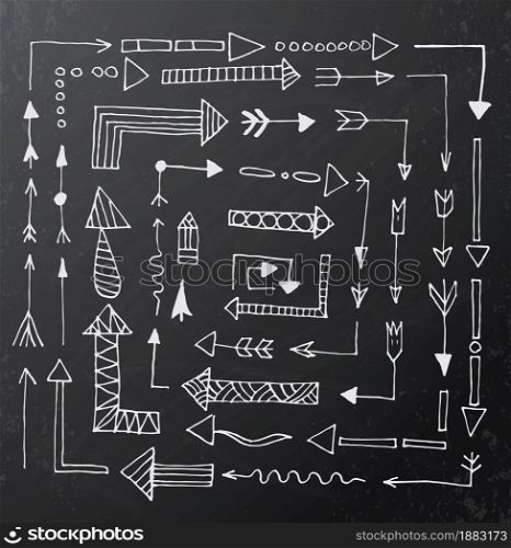 Hand drawn arrow icons set on black chalk board. Vector Illustration