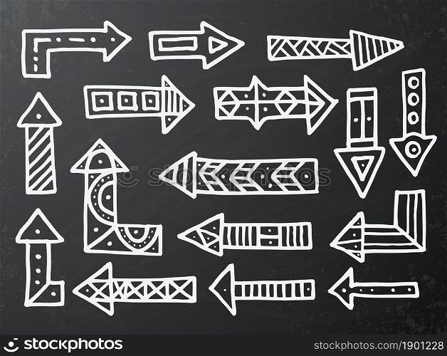 Hand drawn arrow icons set on black chalk board. Vector Illustration. Elements for infographics or business presentations. Ornamental arrows.