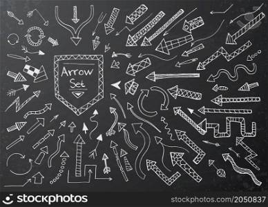 Hand drawn arrow icons set on black chalk board. Vector Illustration