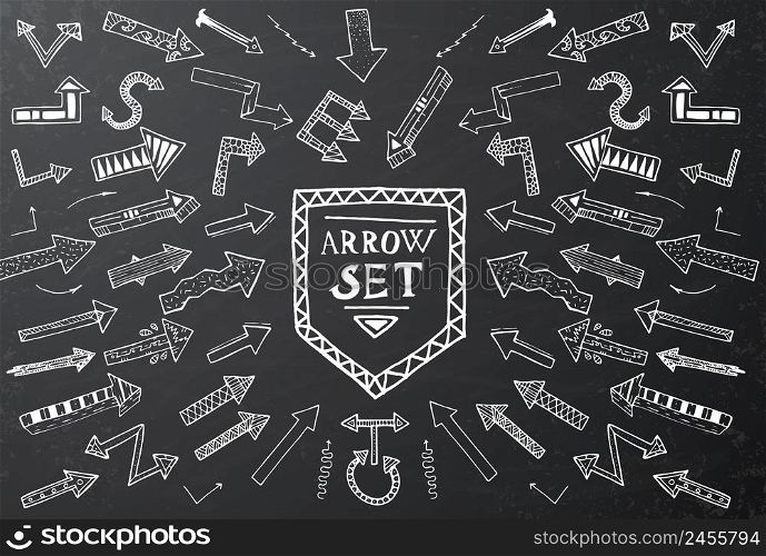 Hand drawn arrow icons set on black chalk board. Vector Illustration. Education or business concept.