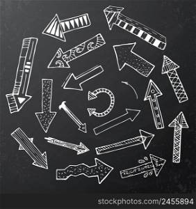 Hand drawn arrow icons set on black chalk board. Vector Illustration. Education or business concept.