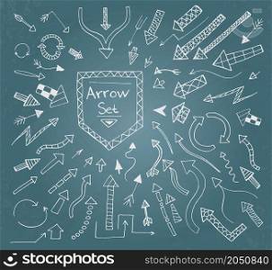 Hand drawn arrow icons set on blue chalk board. Vector Illustration