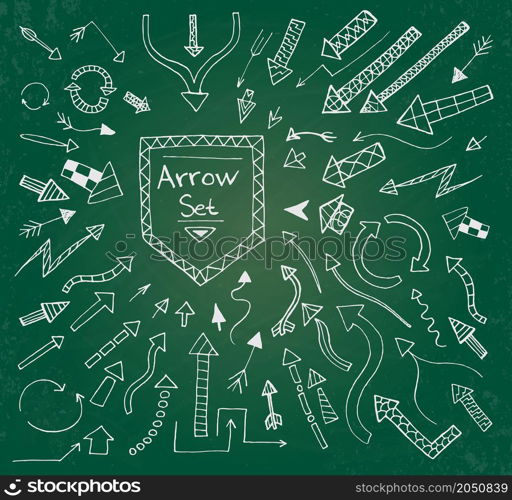 Hand drawn arrow icons set on green chalk board. Vector Illustration