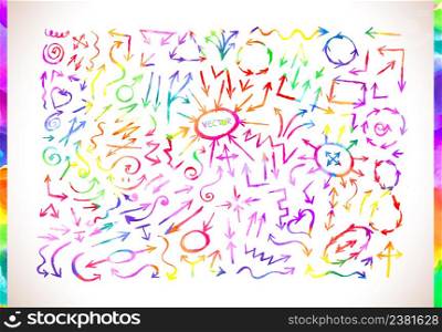 Hand drawn arrow icons set. Set of colorful watercolor arrows isolated on white background.. Colorful watercolor arrows